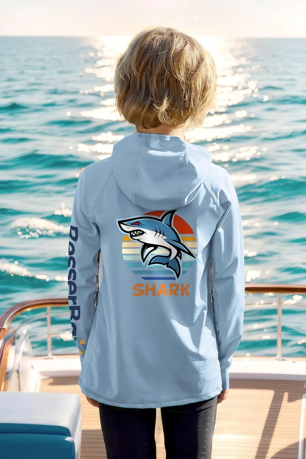 BesserBay Youth Boys UV Protection Ralgan Long Sleeve Fishing Shirt Thumb Holes Hooded Rash Guard with Pocket 6-16 Years