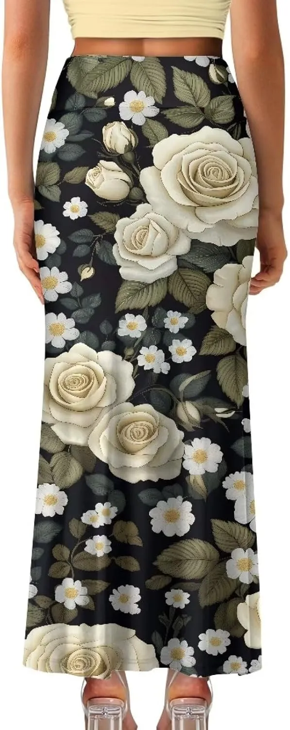 Biyejit Women's Pencil Skirts Boho Elastic High Waist A Line Swing Beach Maxi Skirt Flare Long Basic Skirts Plus Size S-2XL