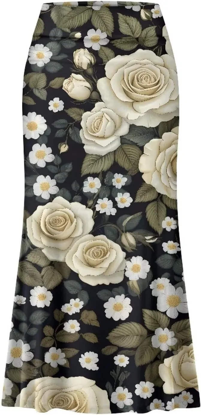Biyejit Women's Pencil Skirts Boho Elastic High Waist A Line Swing Beach Maxi Skirt Flare Long Basic Skirts Plus Size S-2XL