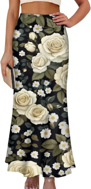 Biyejit Women's Pencil Skirts Boho Elastic High Waist A Line Swing Beach Maxi Skirt Flare Long Basic Skirts Plus Size S-2XL