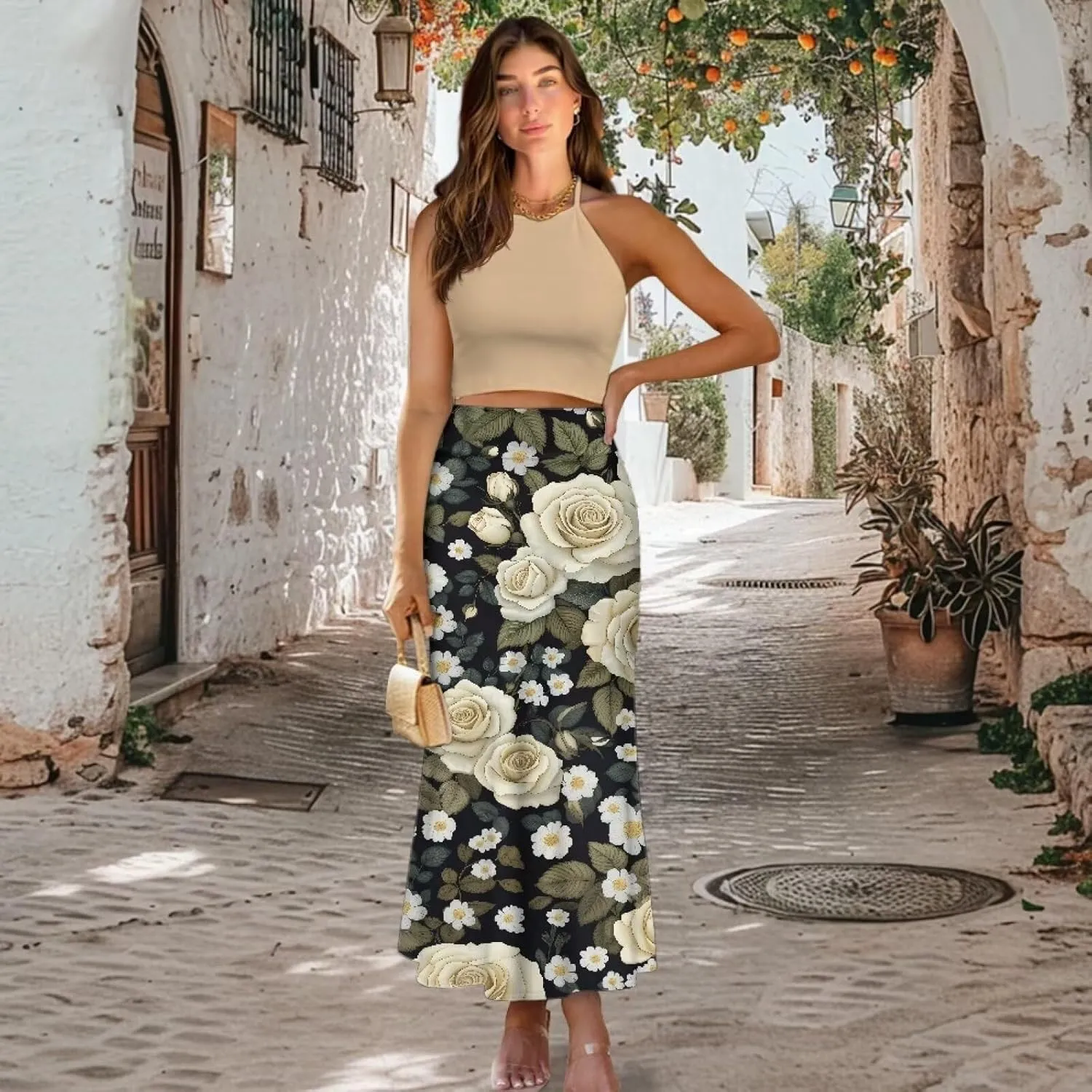 Biyejit Women's Pencil Skirts Boho Elastic High Waist A Line Swing Beach Maxi Skirt Flare Long Basic Skirts Plus Size S-2XL