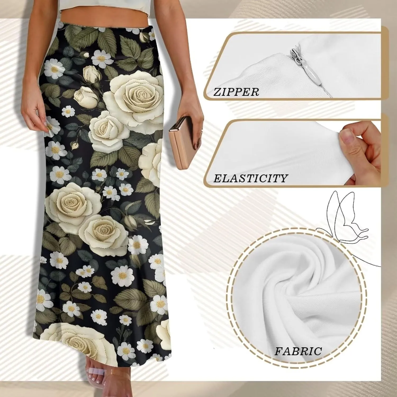 Biyejit Women's Pencil Skirts Boho Elastic High Waist A Line Swing Beach Maxi Skirt Flare Long Basic Skirts Plus Size S-2XL
