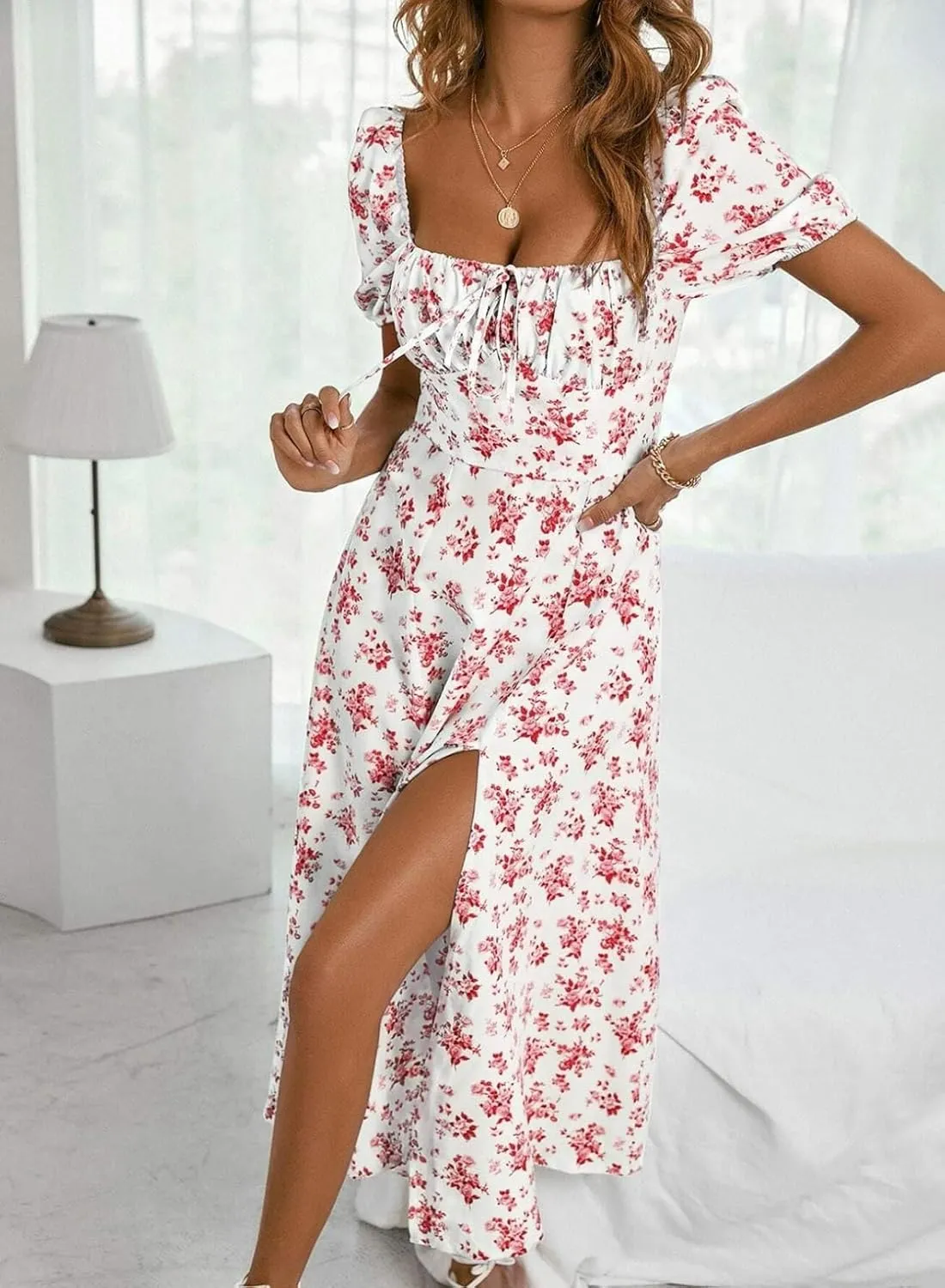 BLENCOT Womens Casual Summer Square Neck Short Sleeve Split Thigh Dress Boho Floral Print Tie Front Midi Dresses