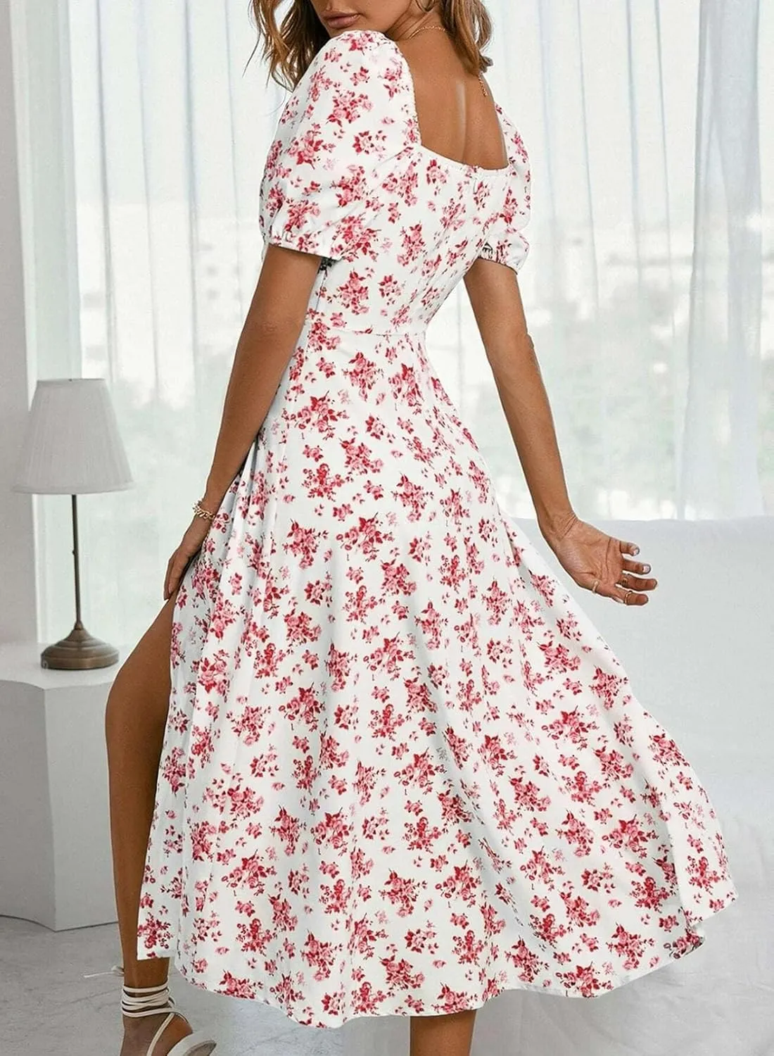 BLENCOT Womens Casual Summer Square Neck Short Sleeve Split Thigh Dress Boho Floral Print Tie Front Midi Dresses