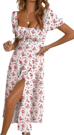 BLENCOT Womens Casual Summer Square Neck Short Sleeve Split Thigh Dress Boho Floral Print Tie Front Midi Dresses