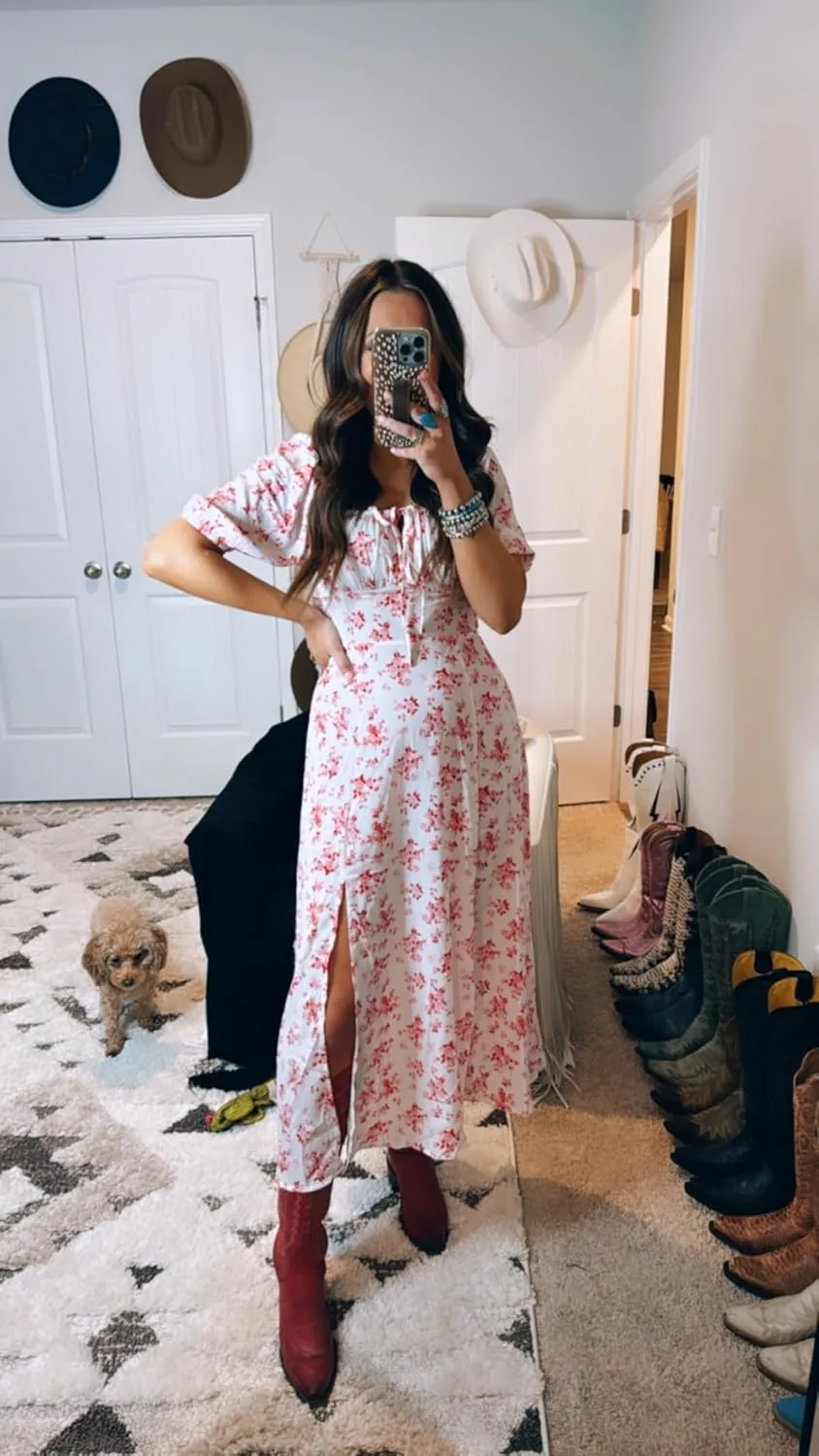 BLENCOT Womens Casual Summer Square Neck Short Sleeve Split Thigh Dress Boho Floral Print Tie Front Midi Dresses
