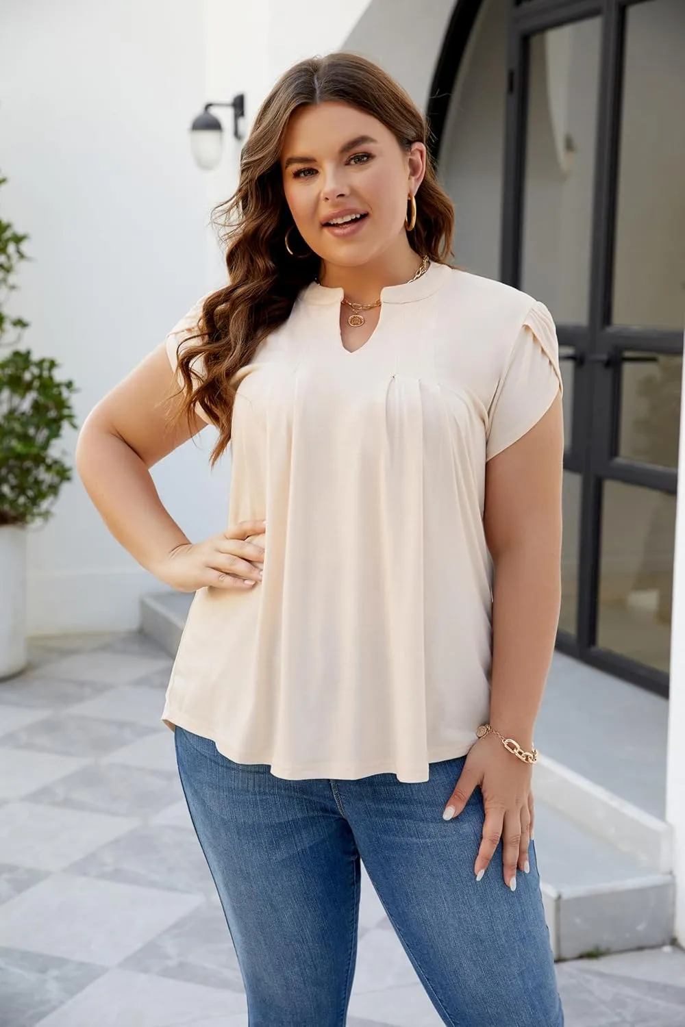 Blooming Jelly Women's Tunic Tops Summer Dressy Casual Blouses Business Outfits Plus Size Cap Sleeve Pleated Shirts
