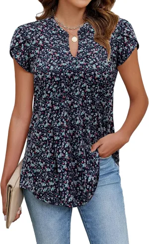 Blooming Jelly Women's Tunic Tops Summer Dressy Casual Blouses Business Outfits Plus Size Cap Sleeve Pleated Shirts