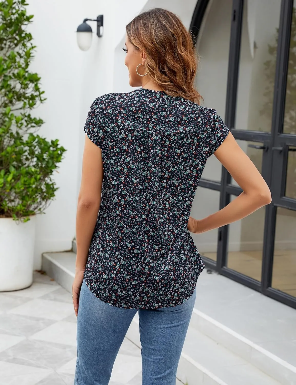 Blooming Jelly Women's Tunic Tops Summer Dressy Casual Blouses Business Outfits Plus Size Cap Sleeve Pleated Shirts