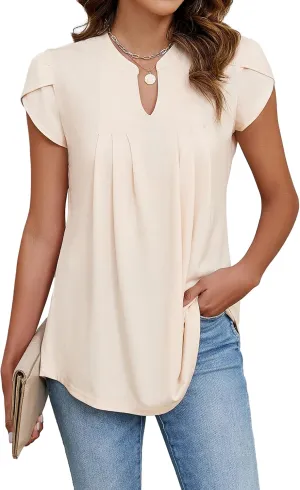 Blooming Jelly Women's Tunic Tops Summer Dressy Casual Blouses Business Outfits Plus Size Cap Sleeve Pleated Shirts