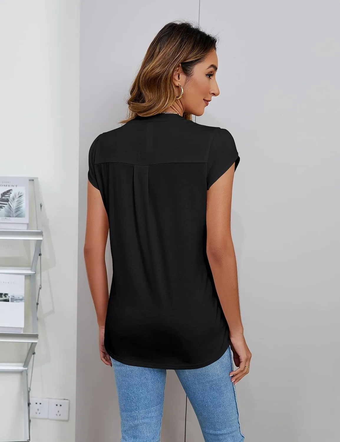Blooming Jelly Women's Tunic Tops Summer Dressy Casual Blouses Business Outfits Plus Size Cap Sleeve Pleated Shirts