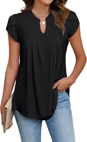 Blooming Jelly Women's Tunic Tops Summer Dressy Casual Blouses Business Outfits Plus Size Cap Sleeve Pleated Shirts