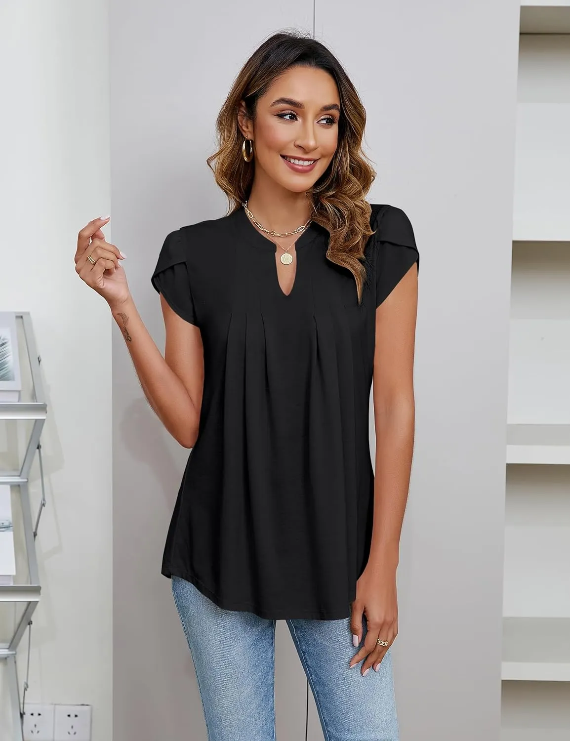 Blooming Jelly Women's Tunic Tops Summer Dressy Casual Blouses Business Outfits Plus Size Cap Sleeve Pleated Shirts