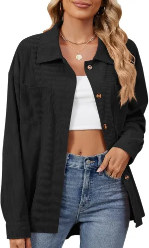 Blostirno Womens Corduroy Button Down Shirts Long Sleeve Oversized Blouses Shacket Jacket Fall Coat with Pockets