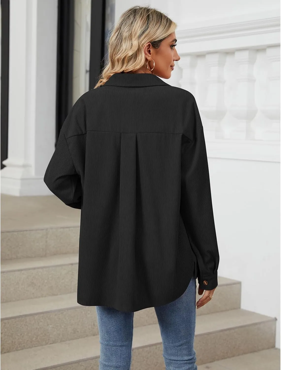 Blostirno Womens Corduroy Button Down Shirts Long Sleeve Oversized Blouses Shacket Jacket Fall Coat with Pockets