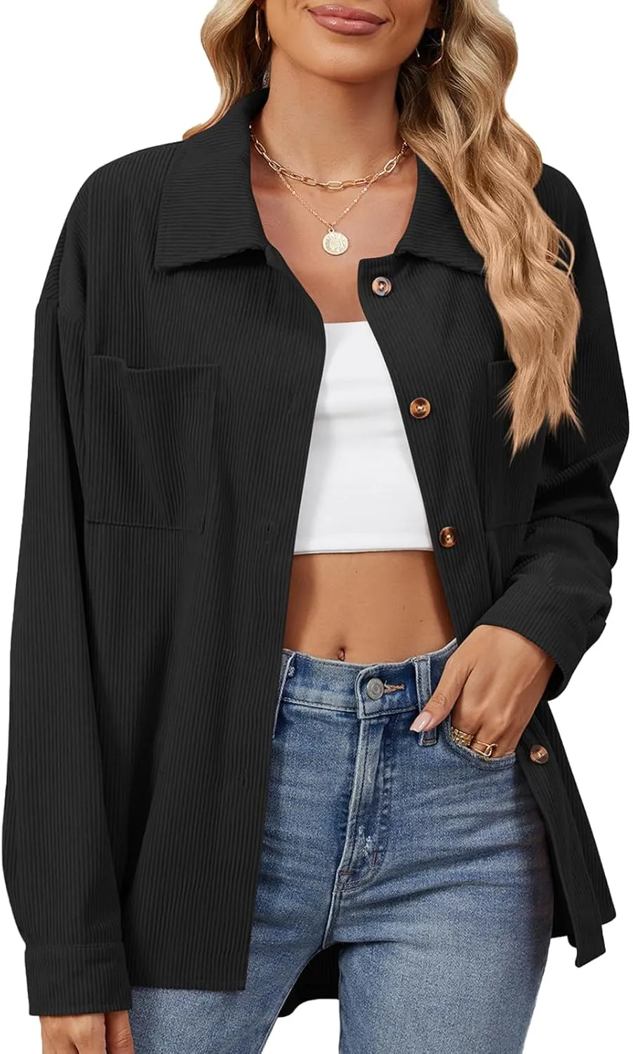 Blostirno Womens Corduroy Button Down Shirts Long Sleeve Oversized Blouses Shacket Jacket Fall Coat with Pockets