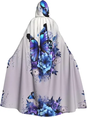 Blue Purple Flower Butterfly Pattern Halloween Adult Hooded Cloak - Perfect for Halloween, Cosplay, and Theme Parties