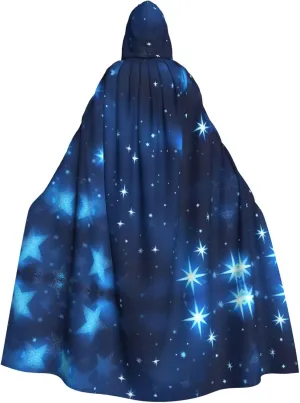 Blue Shining Stars Pattern Print Variety Hooded Cloak For Halloween Carnival Cosplay And Themed Parties Cloak
