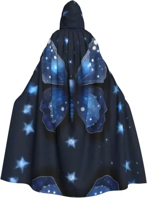 Blue Starry Butterfly Pattern Halloween Adult Hooded Cloak - Perfect for Halloween, Cosplay, and Theme Parties
