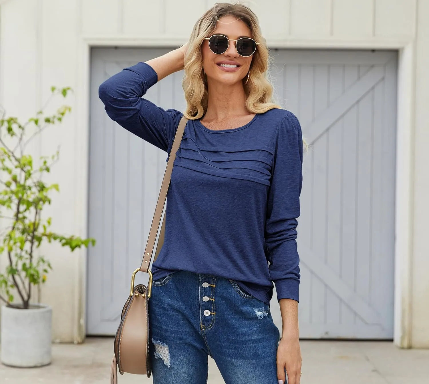 Bluetime Long Sleeve Shirts for Women 2024 Fall Fashion Tunic Tops for Leggings Pleated Front Dressy Casual Blouses
