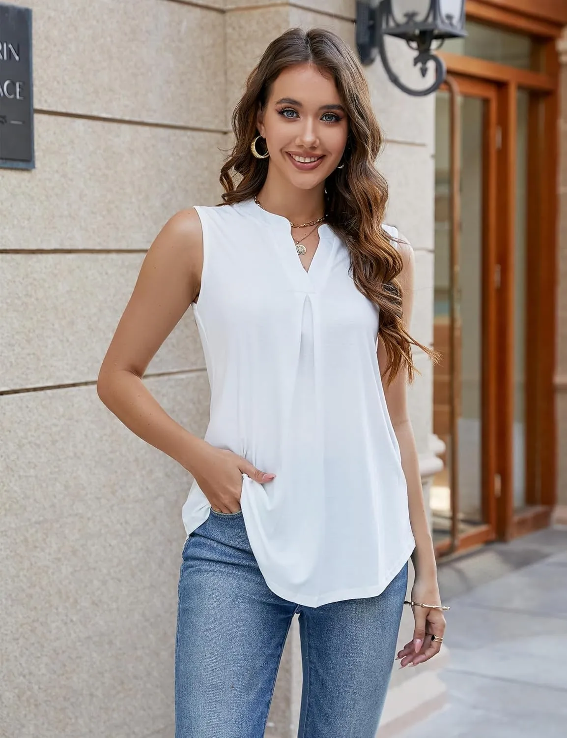 Bluetime Womens Tank Tops Loose Fit Trendy Dressy Casual Summer Shirts Pleated V Neck Sleeveless Blouses (S-3XL)