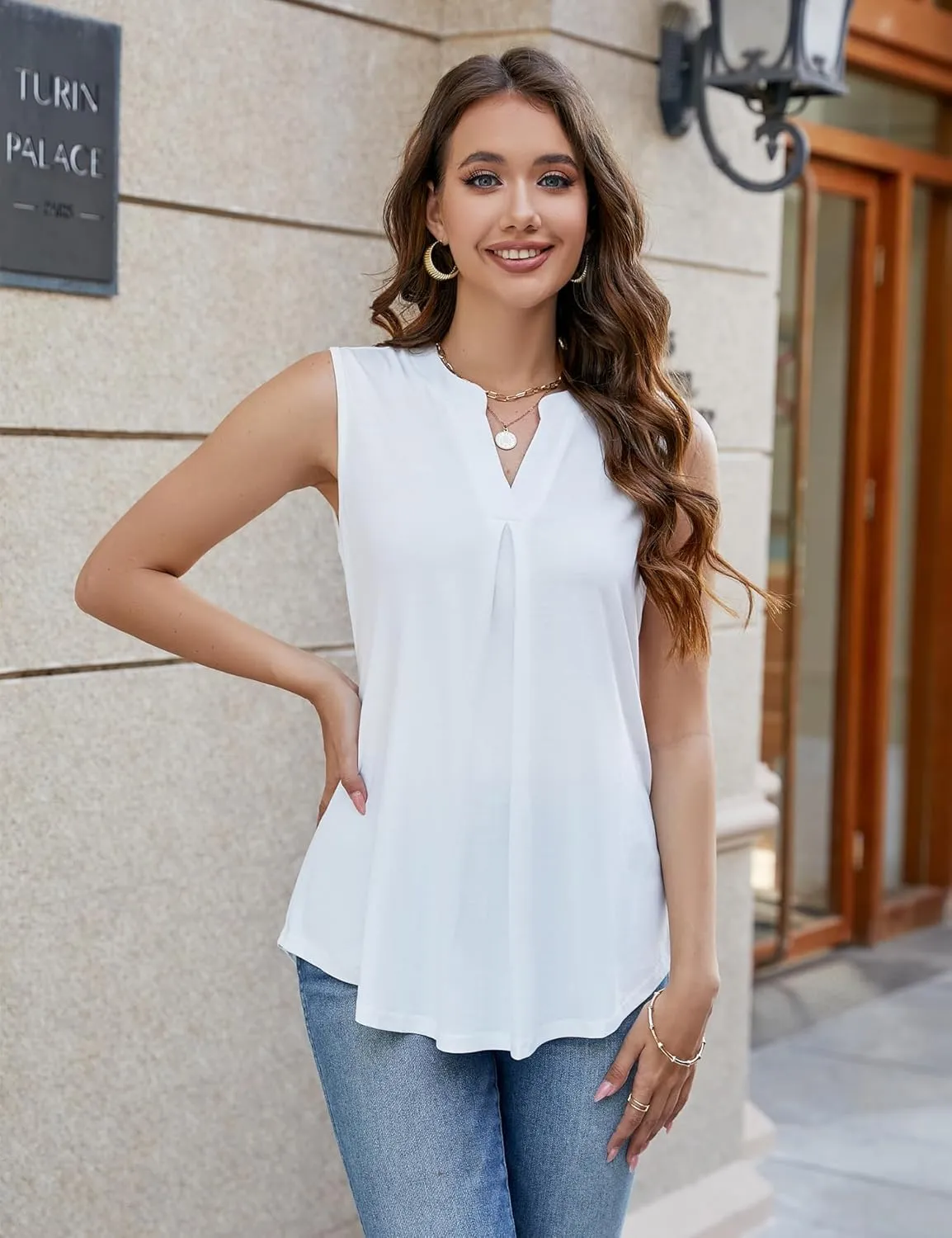 Bluetime Womens Tank Tops Loose Fit Trendy Dressy Casual Summer Shirts Pleated V Neck Sleeveless Blouses (S-3XL)