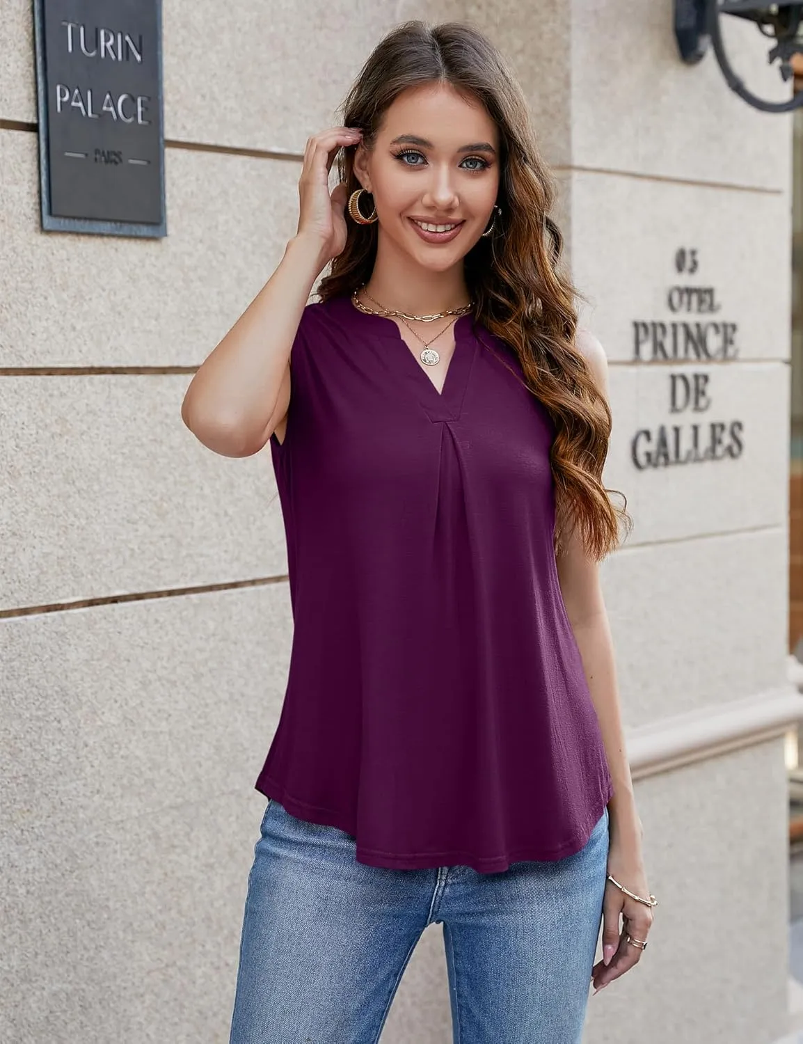 Bluetime Womens Tank Tops Loose Fit Trendy Dressy Casual Summer Shirts Pleated V Neck Sleeveless Blouses (S-3XL)