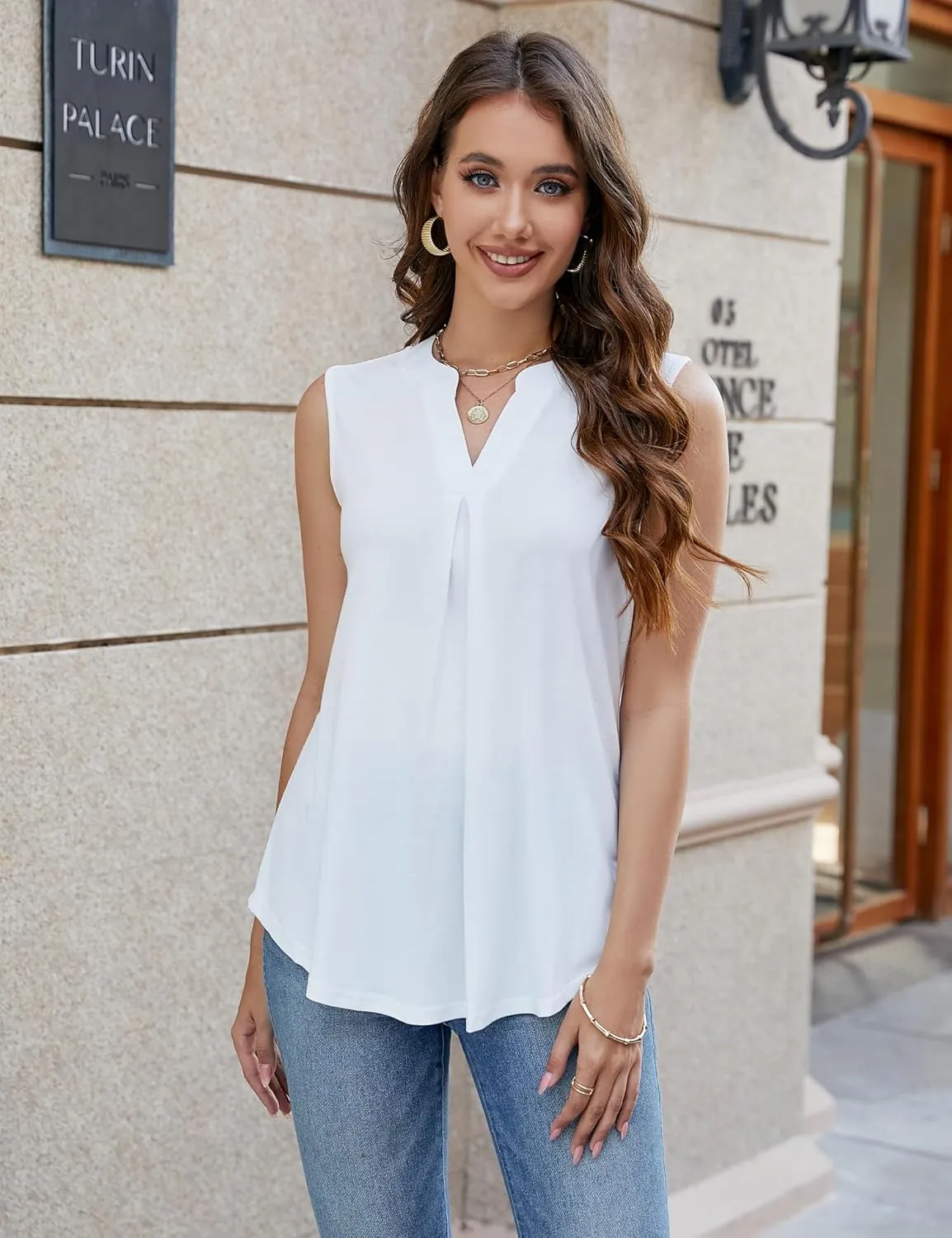 Bluetime Womens Tank Tops Loose Fit Trendy Dressy Casual Summer Shirts Pleated V Neck Sleeveless Blouses (S-3XL)
