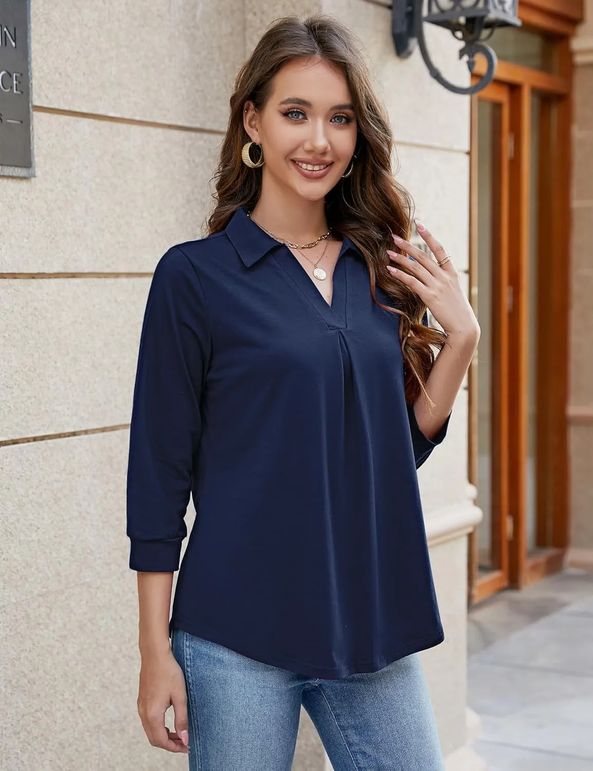 Bluetime Womens Tops Dressy Casual Collared V Neck 3/4 Sleeve Shirts Office Professional Work Blouses Loose Fit Tunic Tops