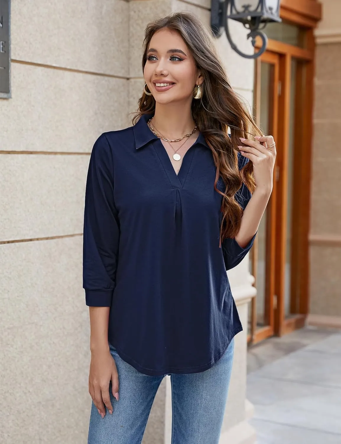 Bluetime Womens Tops Dressy Casual Collared V Neck 3/4 Sleeve Shirts Office Professional Work Blouses Loose Fit Tunic Tops