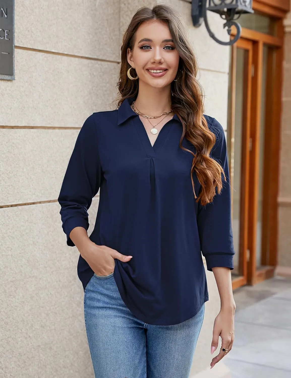 Bluetime Womens Tops Dressy Casual Collared V Neck 3/4 Sleeve Shirts Office Professional Work Blouses Loose Fit Tunic Tops