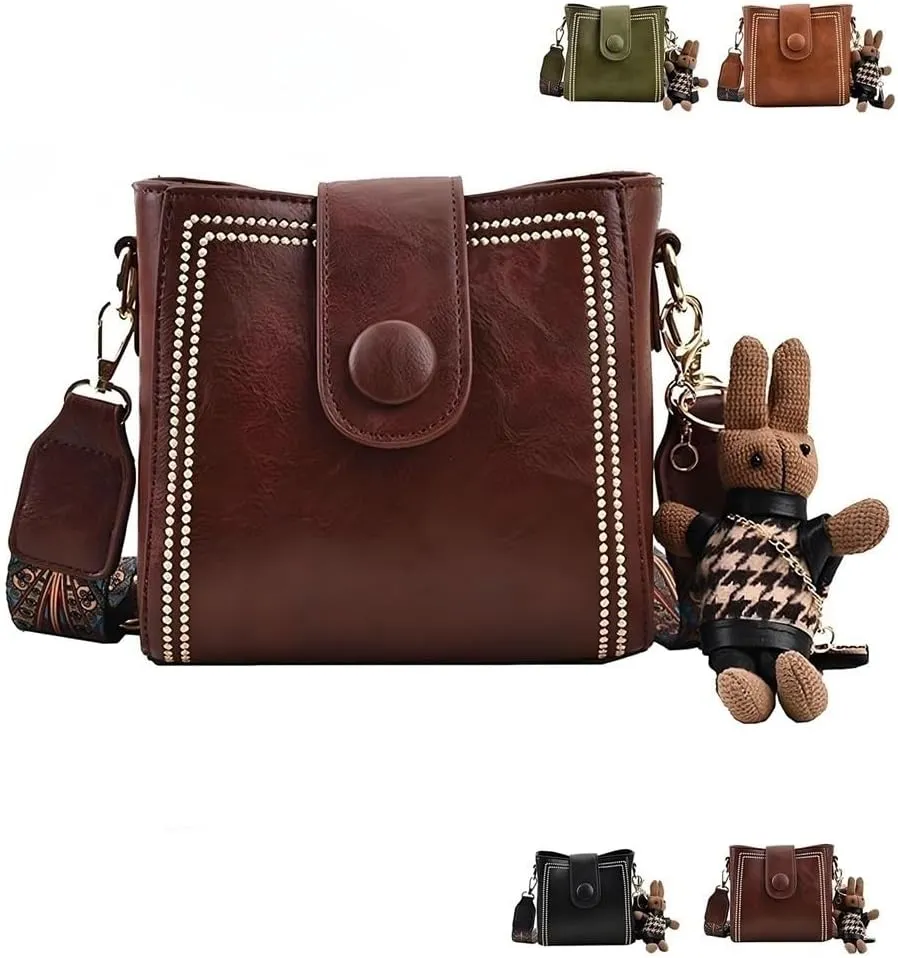 Bootara Bucket Bag, Vintage Crossbody Bag With Adjustable Wider Shoulder Strap, with Cute Rabbit Pendant