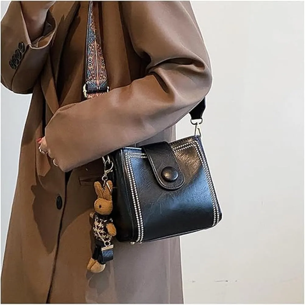 Bootara Bucket Bag, Women's Bunny Charm Bucket BagConvertible Shoulder Crossbody, Adjustable Wide Strap, Rabbit Pendant