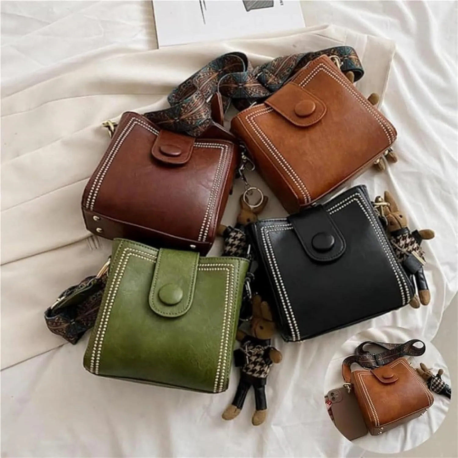 Bootara Bucket Bag, Women's Vintage Bucket Bag with Bunny Charm, Vintage Crossbody Bag with Adjustable Wider Shoulder Strap