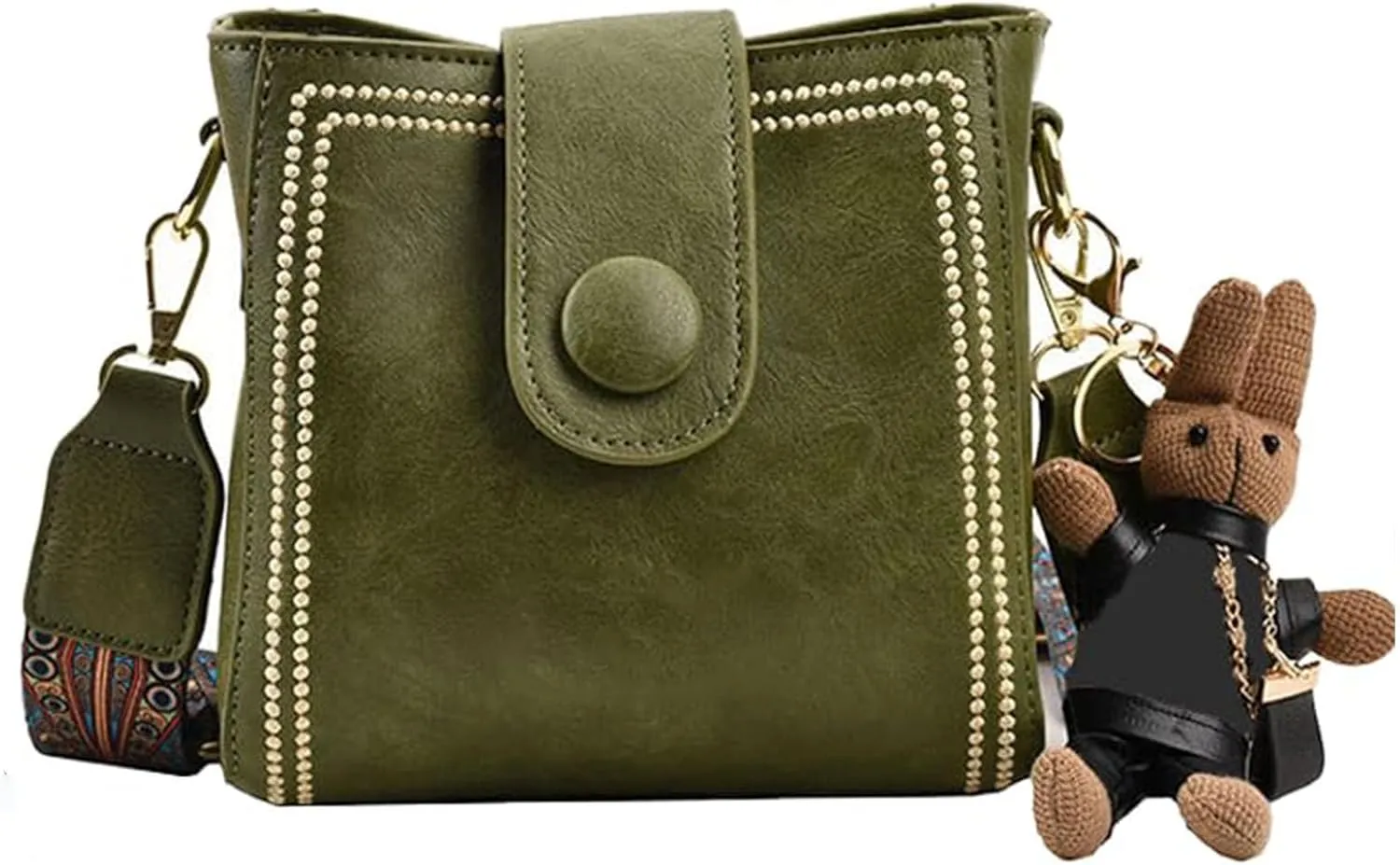 Bootara Bucket Bag, Women's Vintage Bucket Bag with Bunny Charm, Vintage Crossbody Bag with Adjustable Wider Shoulder Strap