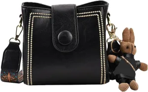 Bootara Bucket Bag, Women's Vintage Bucket Bag with Bunny Charm, Vintage Crossbody Bag with Adjustable Wider Shoulder Strap