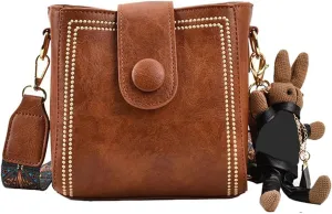 Bootara Bucket Bag, Women's Vintage Bucket Bag with Bunny Charm, Vintage Crossbody Bag with Adjustable Wider Shoulder Strap