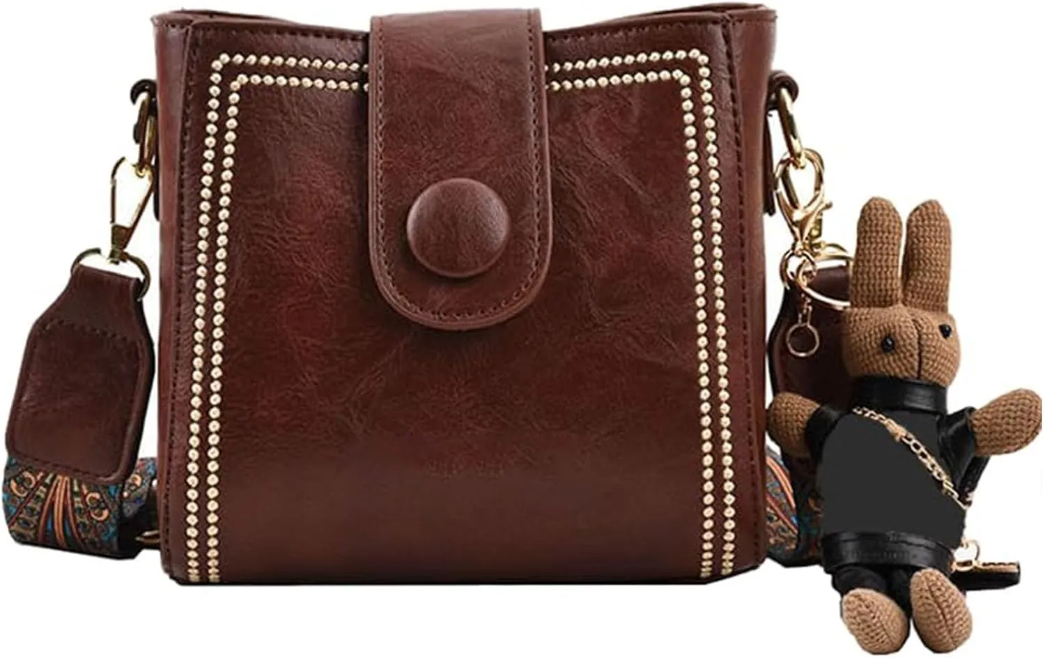 Bootara Bucket Bag, Women's Vintage Bucket Bag with Bunny Charm, Vintage Crossbody Bag with Adjustable Wider Shoulder Strap