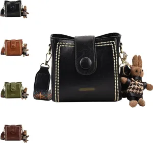 Bootara Bucket Bag, Women's Vintage Bunny Charm Bucket Bag, Crossbody Bag with Adjustable Wider Shoulder Strap