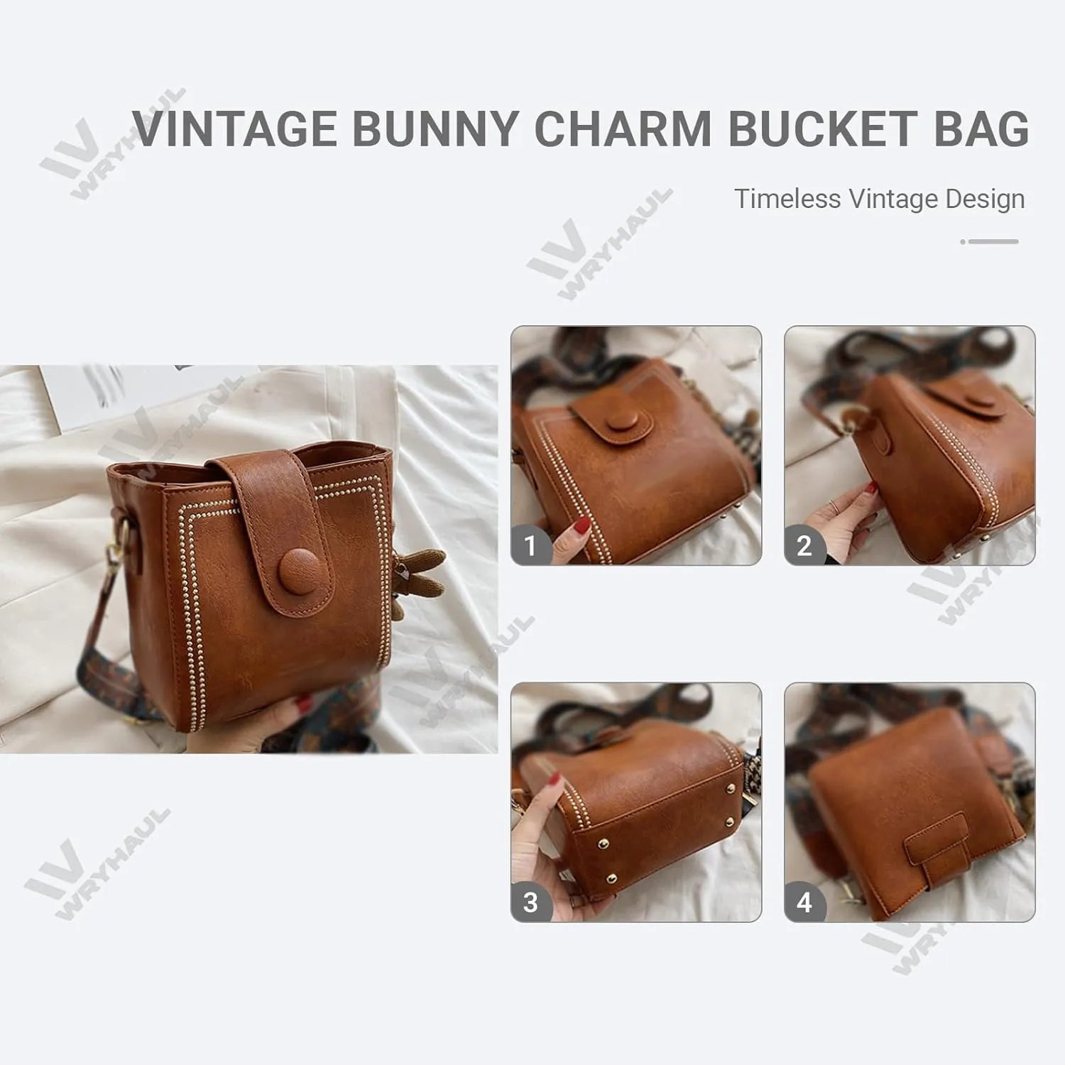Bootara Bucket Bag, Women's Vintage Bunny Charm Bucket Bag, Crossbody Bag with Adjustable Wider Shoulder Strap