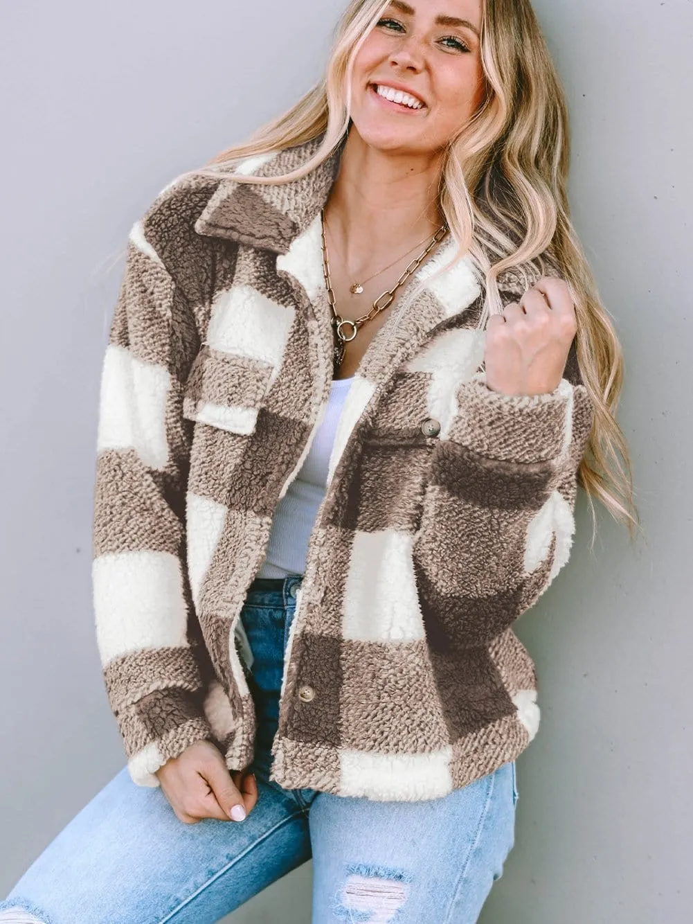 Button-Front Checkered Fleece Jacket