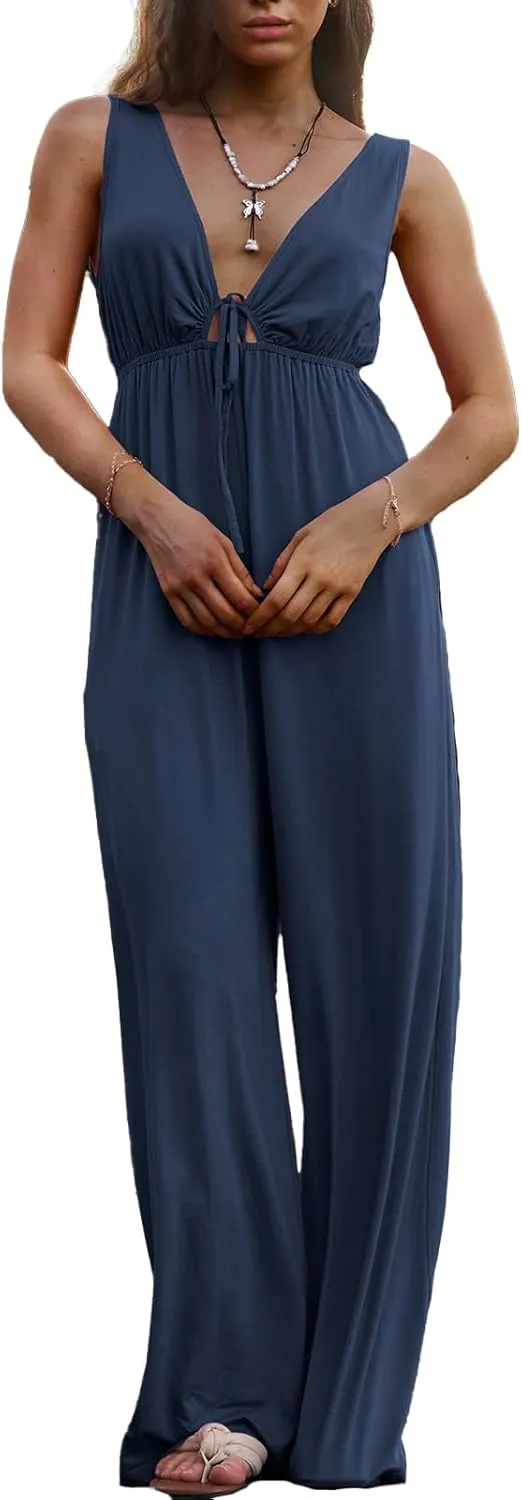 Casual Dressy Jumpsuits for Women V-Neck Tie Front One Piece Outfit Sleeveless Wide Leg Long Pants With Pockets