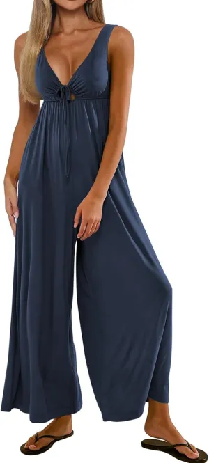 Casual Dressy Jumpsuits for Women V-Neck Tie Front One Piece Outfit Sleeveless Wide Leg Long Pants With Pockets