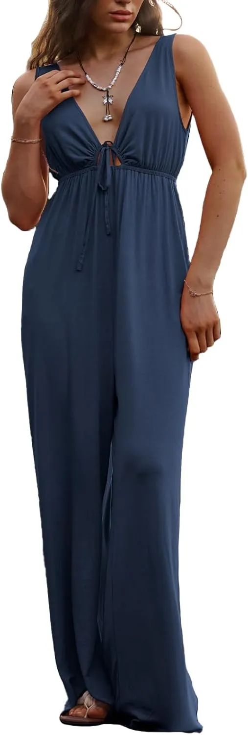 Casual Dressy Jumpsuits for Women V-Neck Tie Front One Piece Outfit Sleeveless Wide Leg Long Pants With Pockets