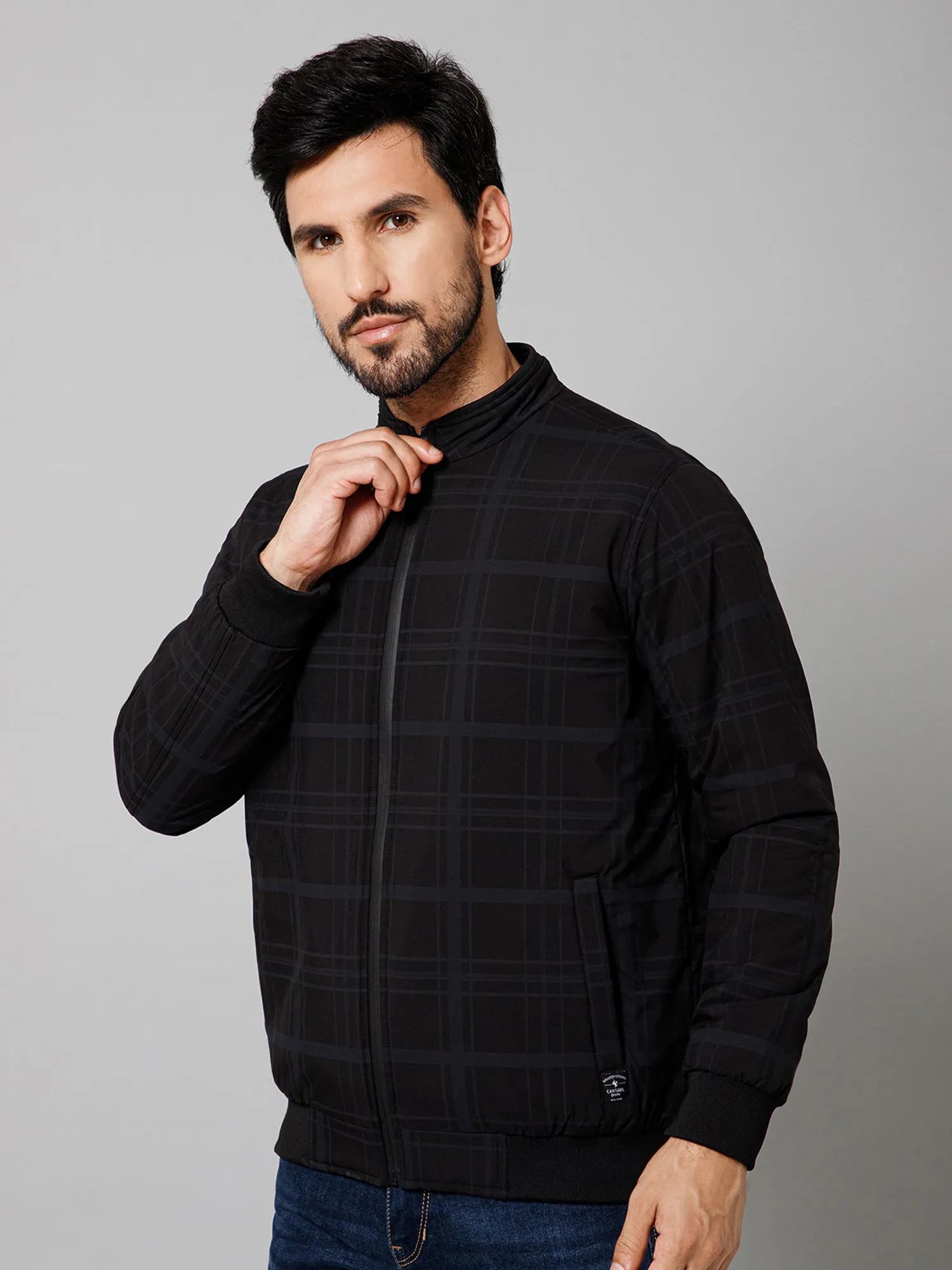 Checkered Full Sleeves Mock Collar Regular Fit Black Casual Jacket For Men