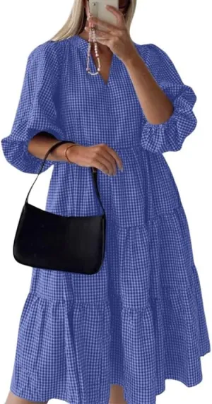chouyatou Women's Loose Fit Plaid Shirt Dress V-Neck Gingham Tiered Swing Flowy Midi Long Tunic Dress