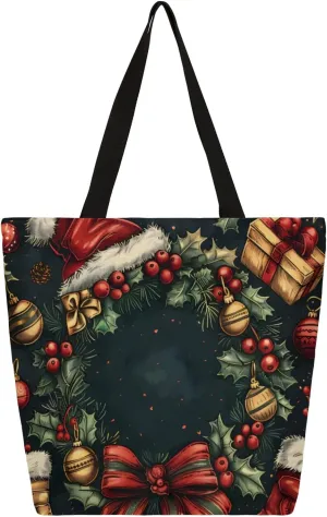 Christmas Hat Socks Canvas Tote Bag for Women Heavy Duty Canvas Bag Beach Bags Reusable Grocery Shopping Bag Tote Bag Gym Shoulder Bag with Inner Pocket
