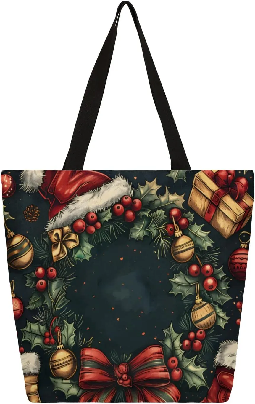Christmas Hat Socks Canvas Tote Bag for Women Heavy Duty Canvas Bag Beach Bags Reusable Grocery Shopping Bag Tote Bag Gym Shoulder Bag with Inner Pocket