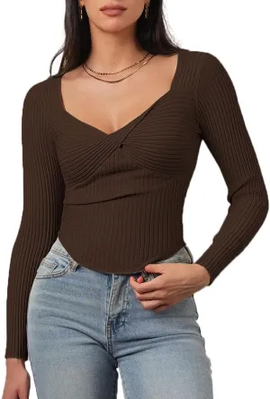 CHYRII Womens Sexy Fall Fashion Twisted Tops Ribbed Knit Winter Pullover Sweater Going Out Crop Tops