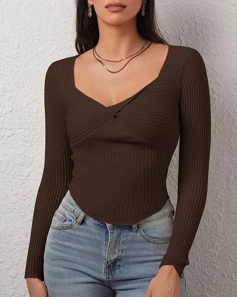 CHYRII Womens Sexy Fall Fashion Twisted Tops Ribbed Knit Winter Pullover Sweater Going Out Crop Tops